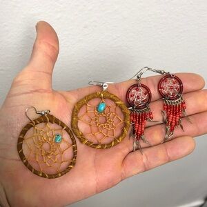 Handcrafted Dreamcatcher Earrings Set - Red and Brown